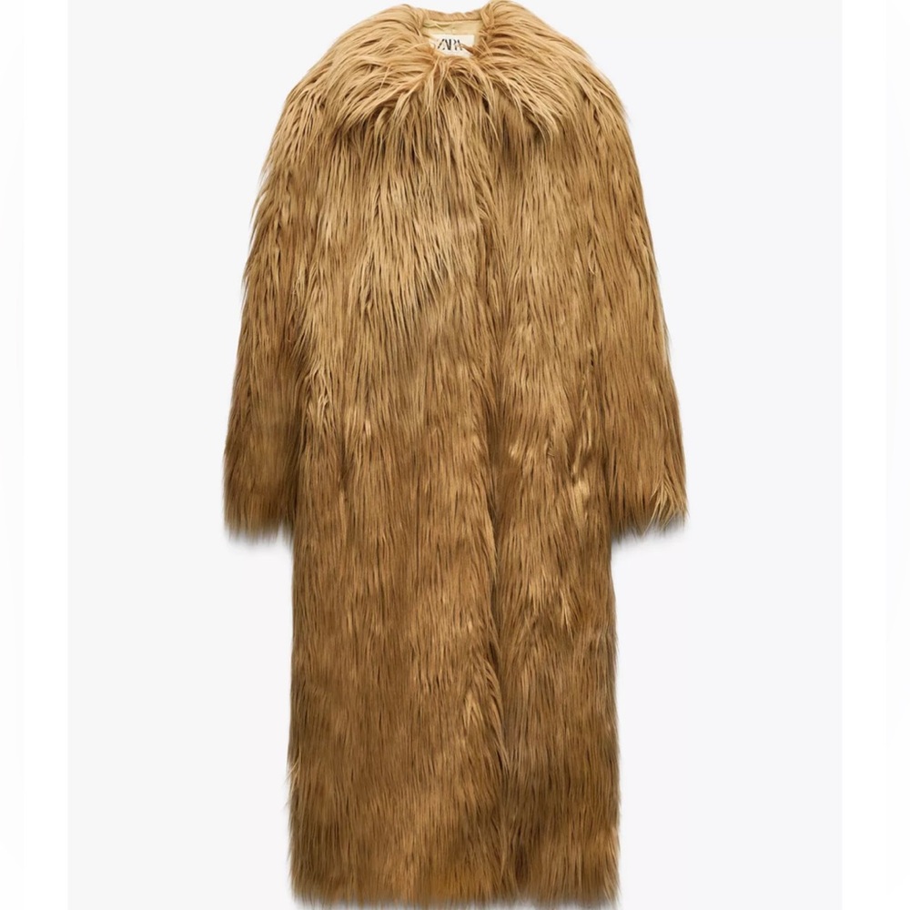 🆕 Zara Studio Faux Fur Maxi Coat – Camel Brown l Statement Coat – NWT - Picture 14 of 15